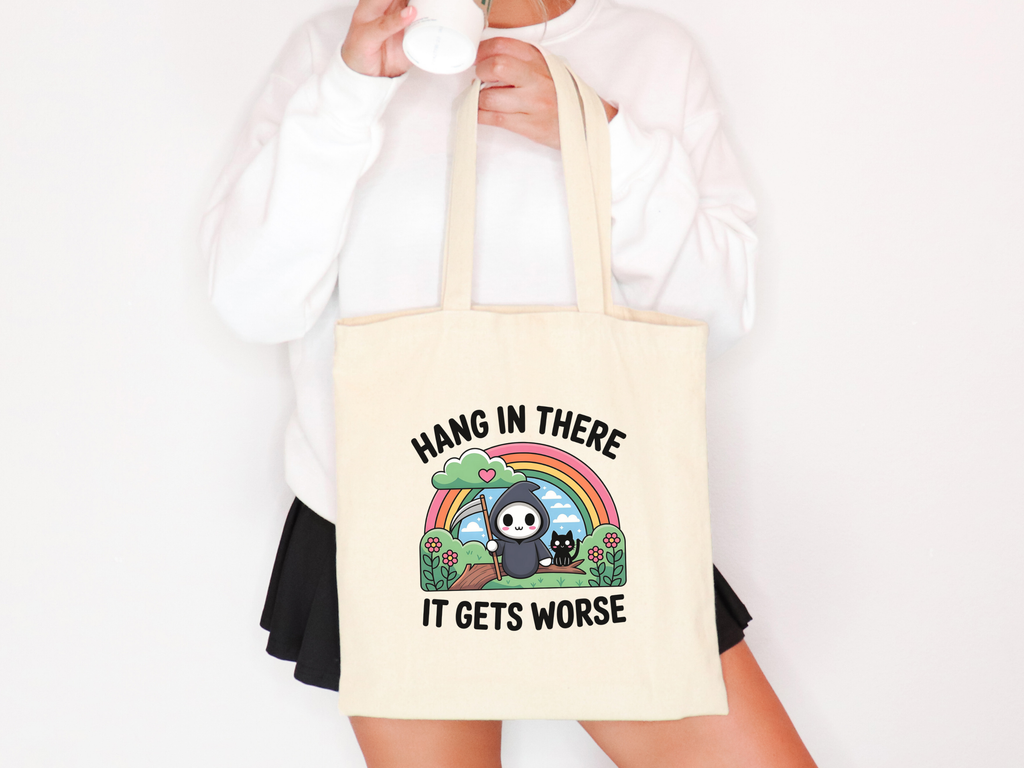 Hang In There It Gets Worse Tote Bag | Cute Grim Reaper Rainbow Canvas