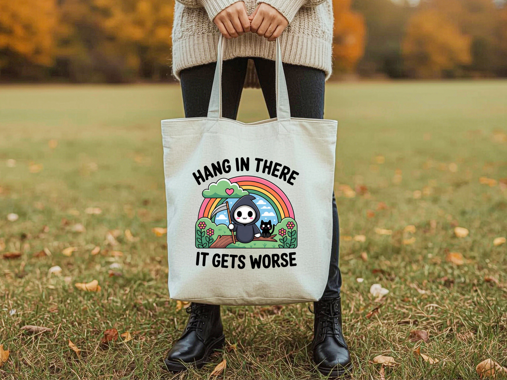 Hang In There It Gets Worse Tote Bag | Cute Grim Reaper Rainbow Canvas