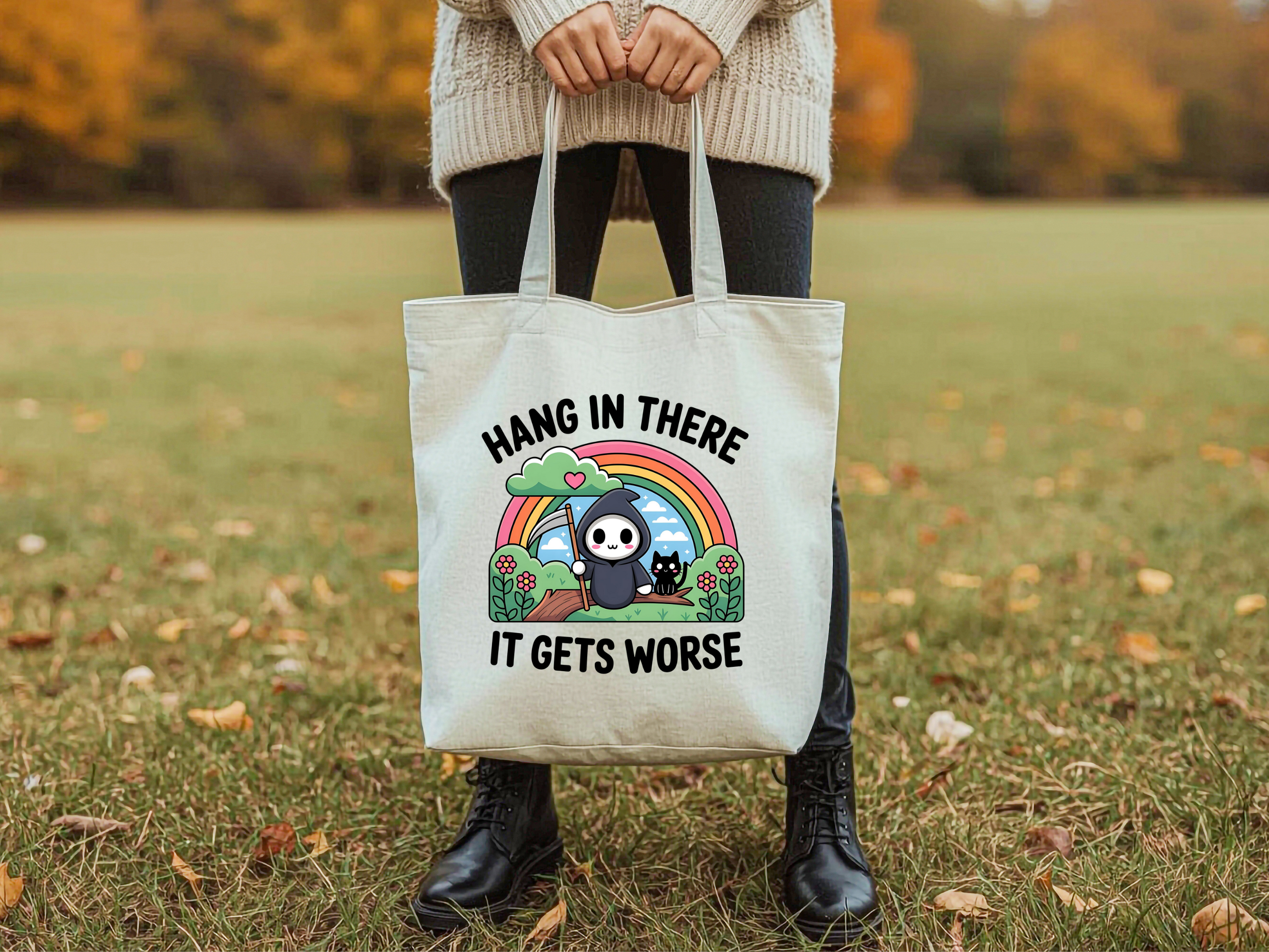 Hang In There It Gets Worse Tote Bag | Cute Grim Reaper Rainbow Canvas