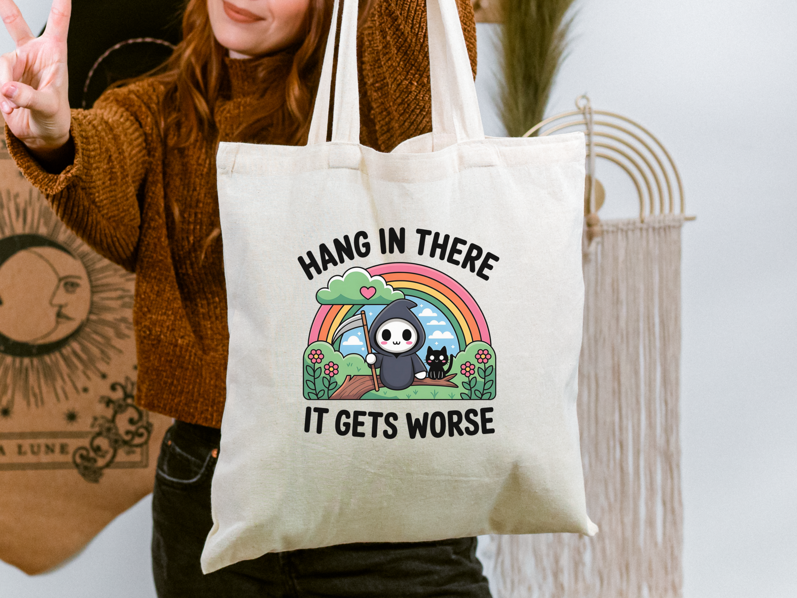 Hang In There It Gets Worse Tote Bag | Cute Grim Reaper Rainbow Canvas