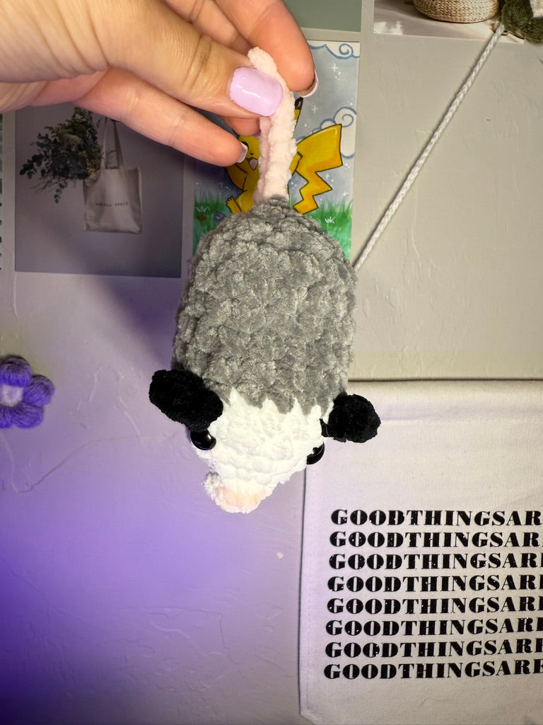 Hanging Opossum Plushie – Handmade Crochet Possum Buddy
