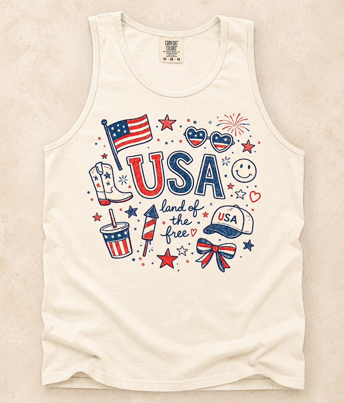 USA Doodle Comfort Colors Tank Top | Fourth of July Patriotic Graphic Tank