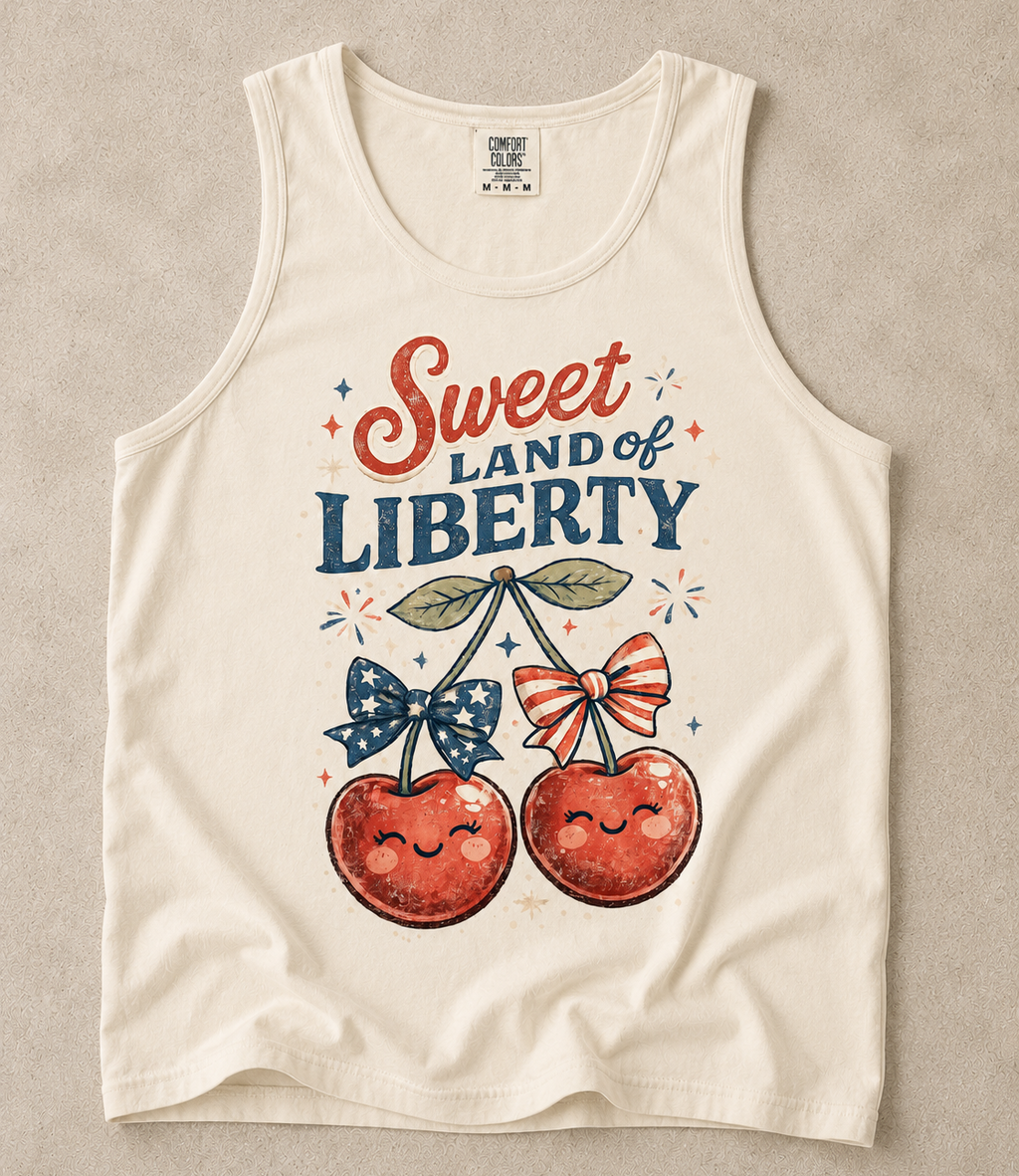 Sweet Land of Liberty Comfort Colors Tank Top | Cute Cherry Fourth of July Shirt