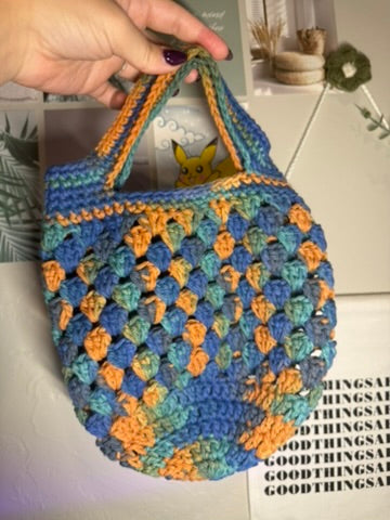 Crochet Market Bag Small – Blue & Sunset Variegated